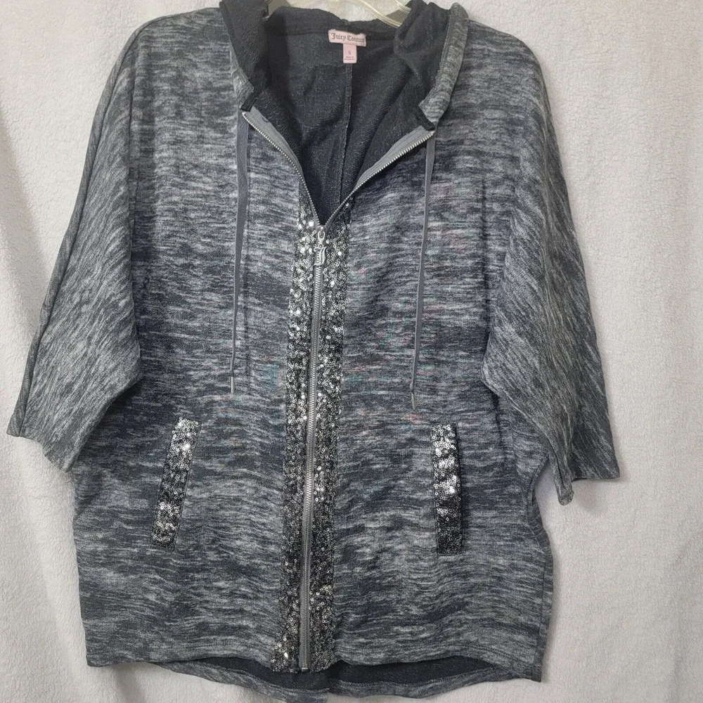 Vtg Juicy Couture Sz S oversized Y2K Sequin Hoodie Full Zip Sparkle Sequin Bling